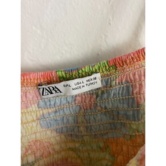 Zara L Dress Hawaiian Floral Smocked Stretch Mini Cover Up Halter 70s Style - Picture 6 of 8